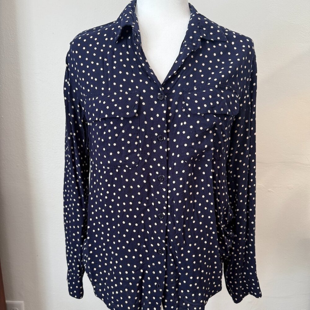 CCH Blue with White Polka Dots Button Down Long Sleeves Top Blouse